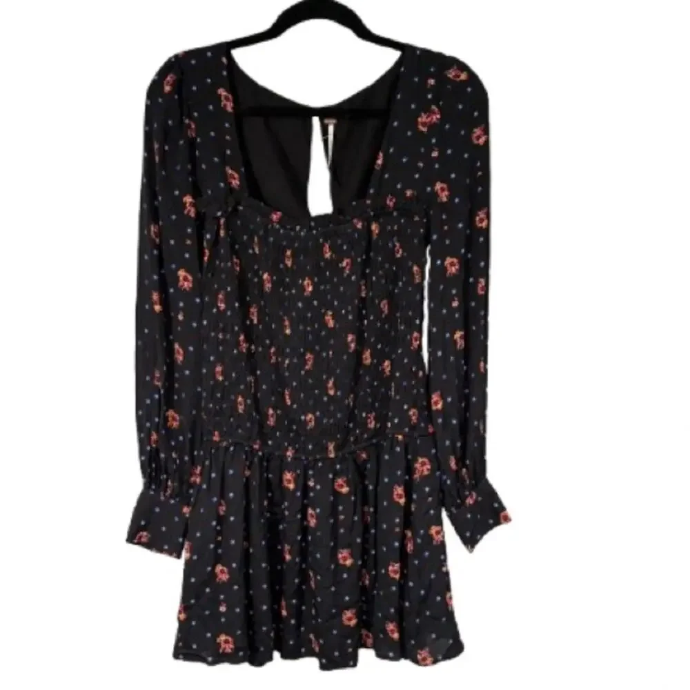 Free People Two Faces Milkmaid Black Floral Long Sleeve Dress NWT Sz S Womens